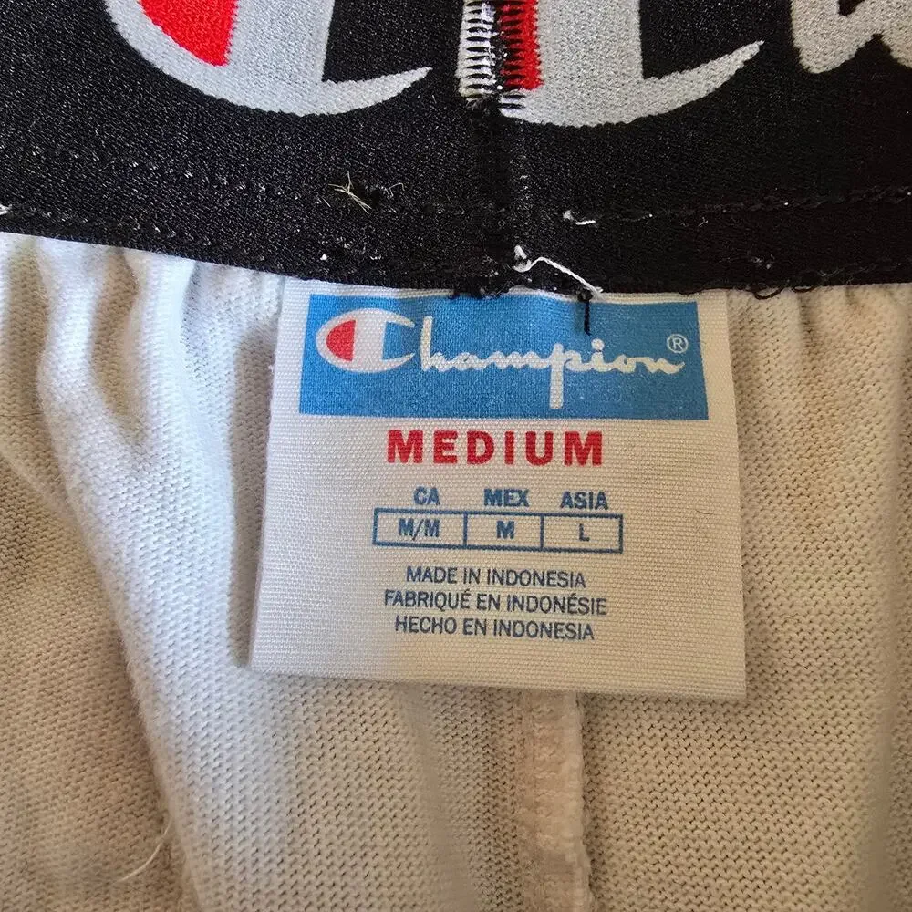 Vintage Mens Champion White Shorts Side Stripe Pockets Cotton Size Med Tie Waist
